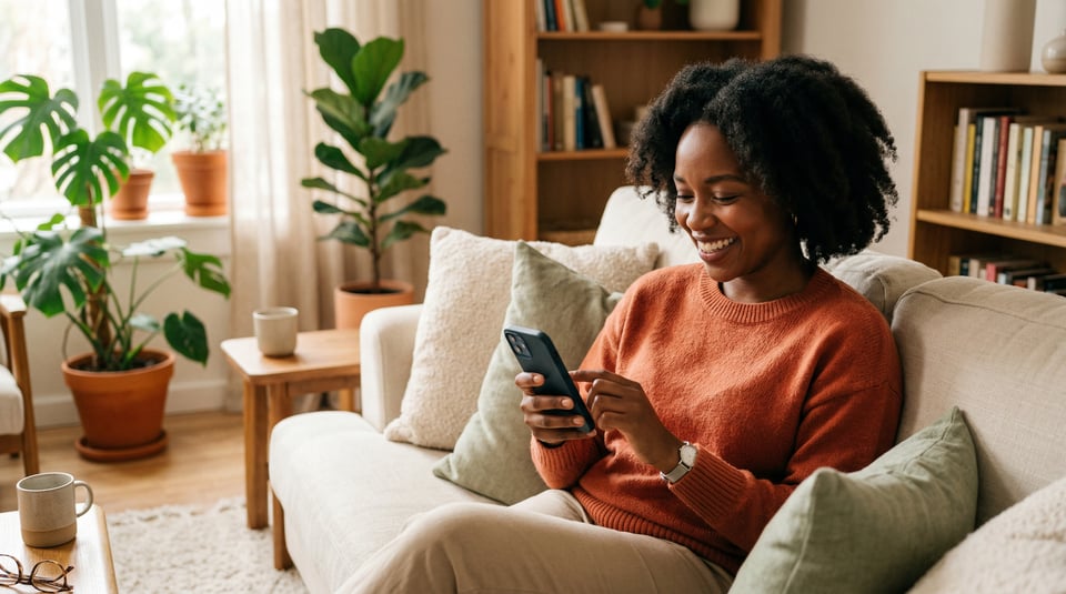Smiling Black woman typing a message on her phone while relaxed on a sofa in a sunlit room with plants.