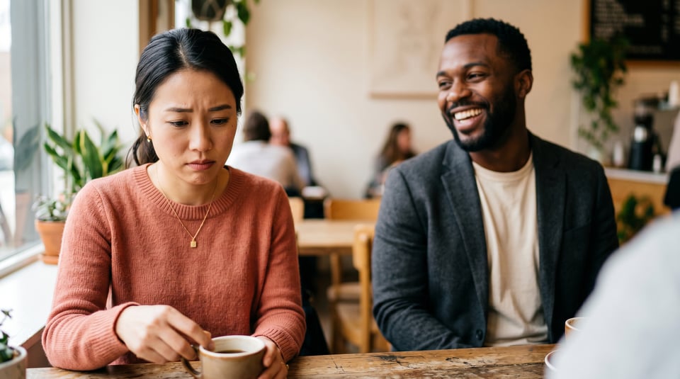 A woman sitting at a cafe table looking inward with quiet anxious worry, while the friend across from her is mid-laugh and oblivious to her panic — the visible gap between how big an awkward moment feels in your head and how little it actually registers to anyone else.
