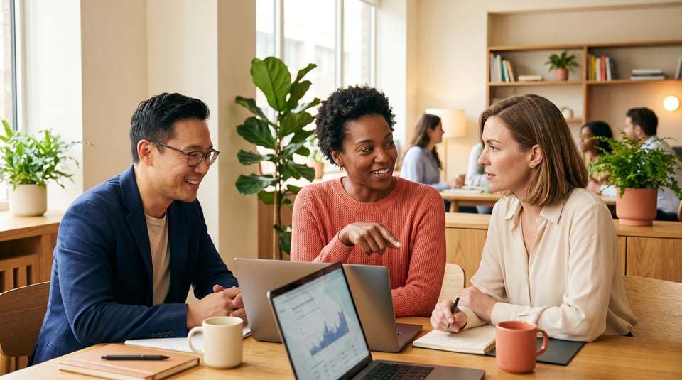 Three diverse professionals collaborate around a laptop in a bright office, smiling and pointing at data on the screen.