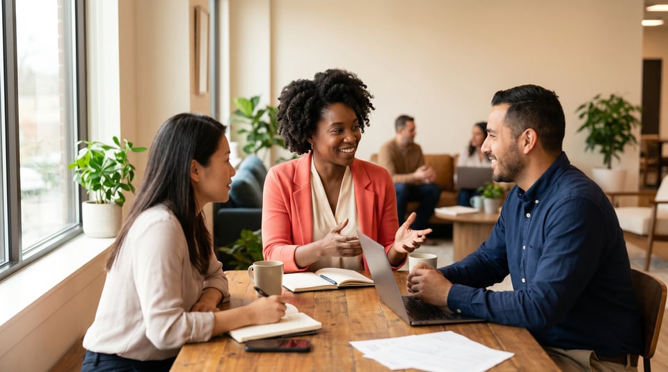 Three diverse professionals smiling and gesturing during a collaborative meeting in a bright, modern office space.