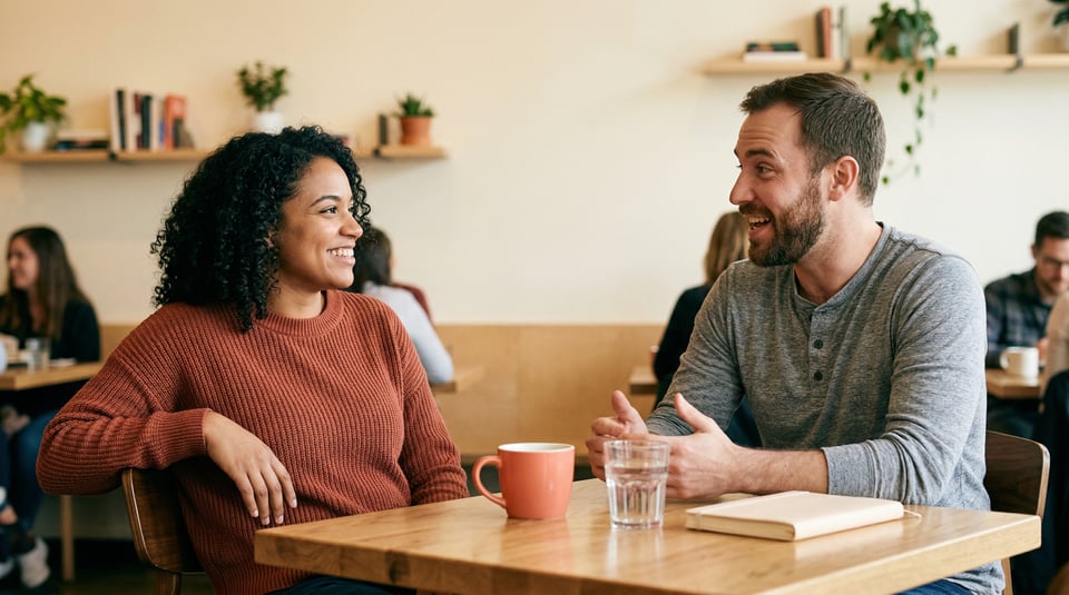 Two friends at a cafe; a man leans forward with enthusiasm while a woman leans back with a warm, proud smile.