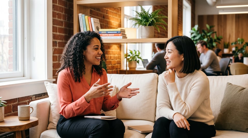 Two friends in a relaxed, animated conversation on a sofa, one listening intently as the other talks expressively.