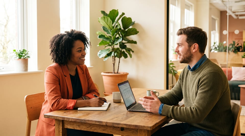 Two professionals having an engaged one-on-one conversation, leaning forward with positive body language in a bright office.