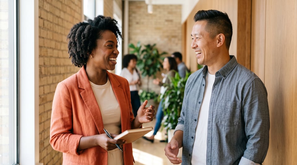 Two professionals laughing and talking in a modern office hallway, showcasing positive body language and rapport.