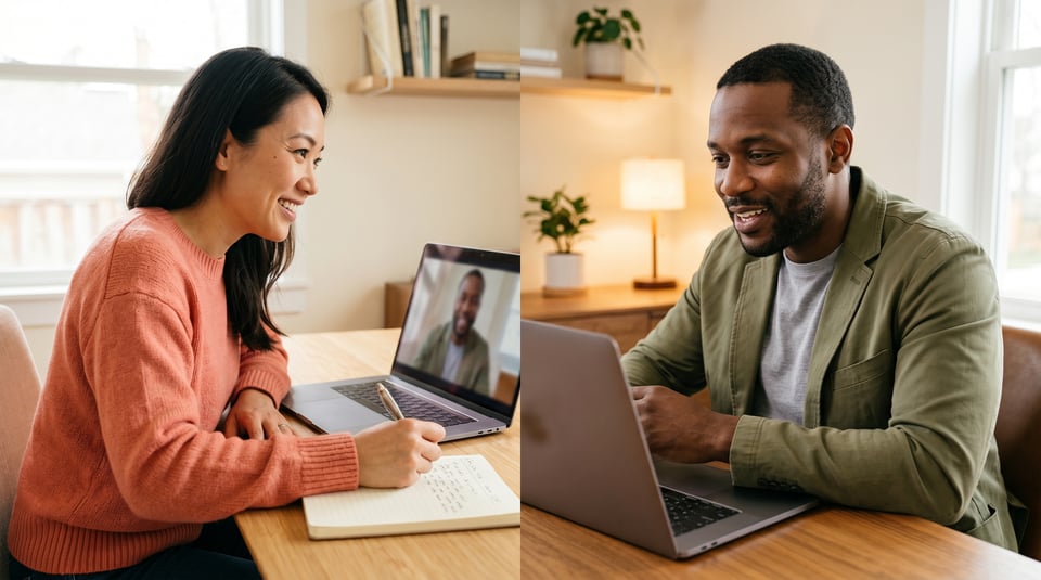Two professionals smiling and leaning forward during an engaged video call from their home offices.