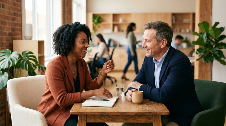 Two professionals smiling and leaning in during an engaged one-on-one conversation in a modern office.