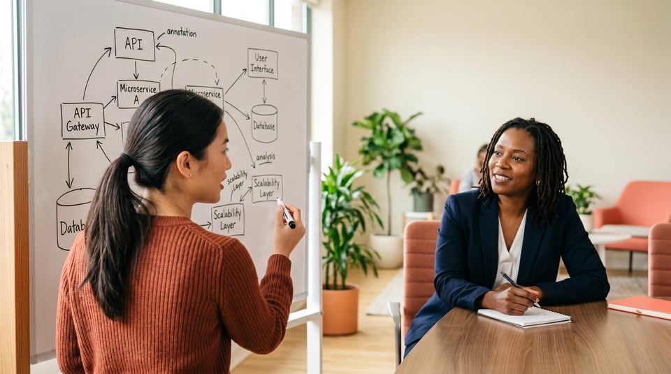 Woman explains a technical system diagram on a whiteboard to an attentive interviewer in a modern office.