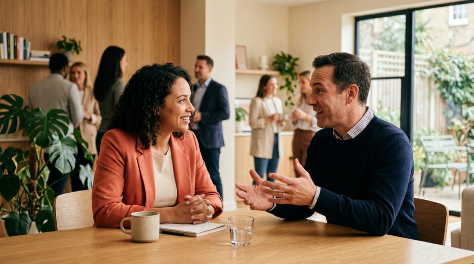 Woman in orange blazer smiling and listening to a man gesturing while speaking during a professional conversation.