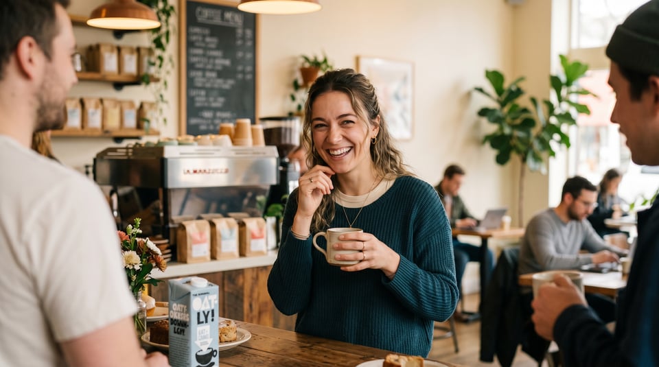 Woman laughing warmly at a coffee shop counter while holding a mug, showing engaged and amused body language.