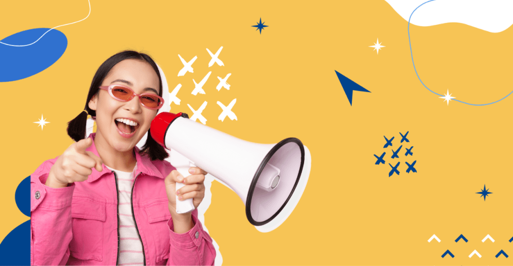An image of a woman looking happy and pointing her finger while holding a megaphone up to her mouth. This relates to the article on mindsight.