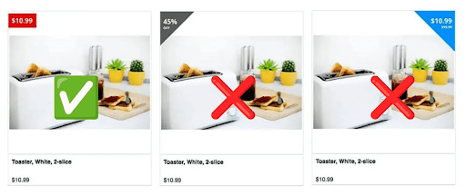 An image showing three of the same items for sale (a toaster) but one has a green check mark and two have a red x in the center of the image. This is showing that consumers have been trained to understand that red = discount. Defaulting to red will draw a customer's eye & help them make decisions faster. This is an example of color psychology.
