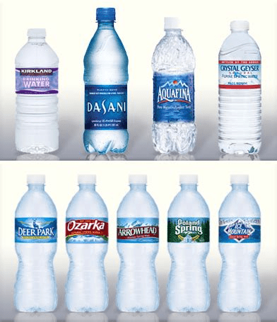 An image of 8 blue water bottles that demonstrates congruity in marketing. If you sell water bottles, and your brand coloring is yellow (with no blue), this may appear off to consumers, given the branding zeitgeist of the water bottle market. This is an example of color psychology.