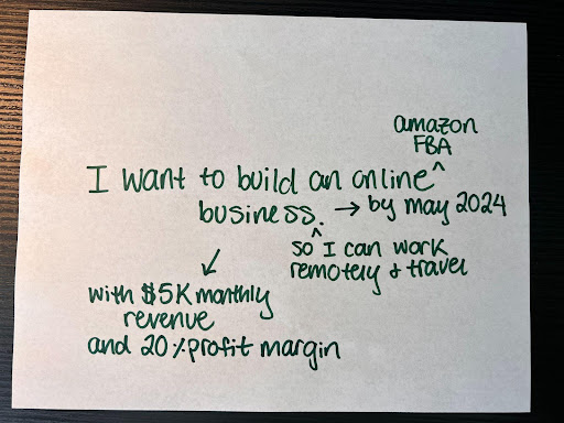 An example of a broad goal written on a piece of paper with arrows coming out of it that target the why and how. It is one of the steps in the goal setting process, before working your way to a SMART goal, which is an essential part of the goal setting process.