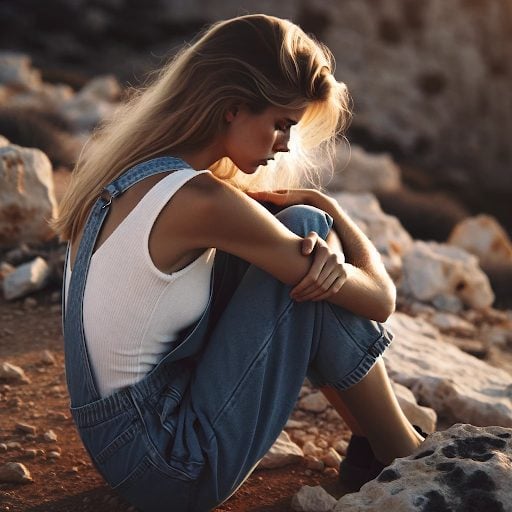 An image of a woman in a low power pose. She is sitting on the ground hugging her knees into her chest looking down with a sad expression. This would be an example of what not to do in your tinder profile photo.