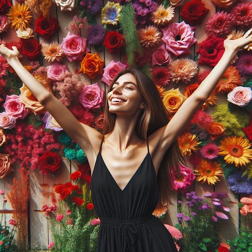 An image of a woman in a high power pose with her arms spread out wide about her head, smiling, and looking up with her eyes closed. This would be an example of an effective tinder profile photo.