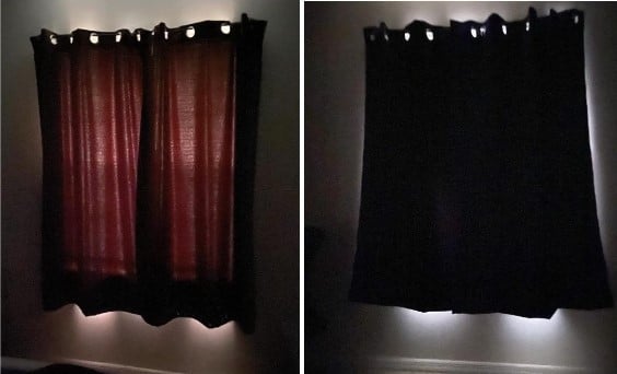 An image showing two sets of curtains, one are regular curtains and one are black out curtains which are perfect for those who want to take a nap during the day.