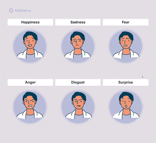 A graphic image showing 6 primary emotions, with a cartoon man in each image demonstrating. The primary emotions are anger, fear, disgust, happiness, sadness, surprise.