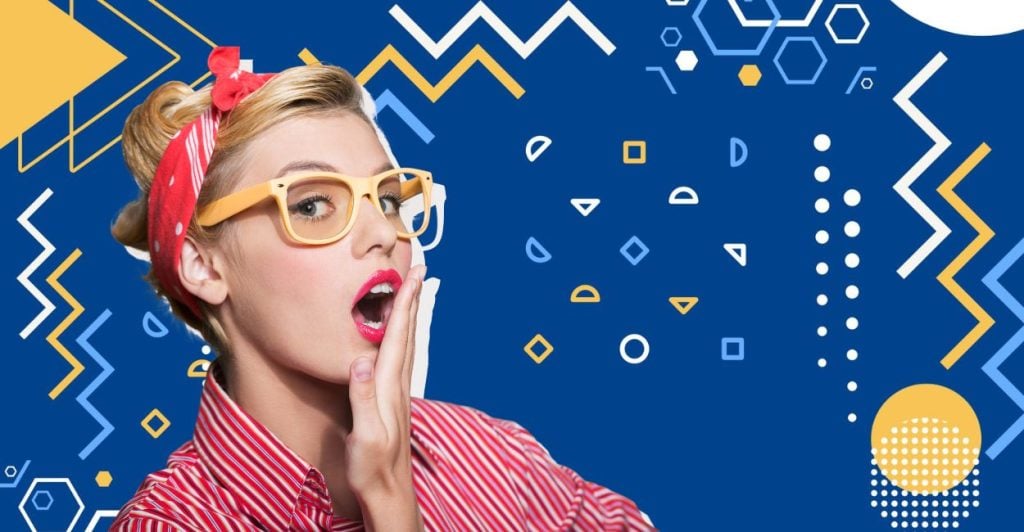 A woman with a red hand-band, red lipstick, and yellow glasses holding her hand over her open mouth, looking surprised. This relates to the article on pop psychology myths.