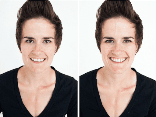 Two images of the same woman, one showing a real smile and one showing a fake smile. This relates to the article on pop psychology myths. 