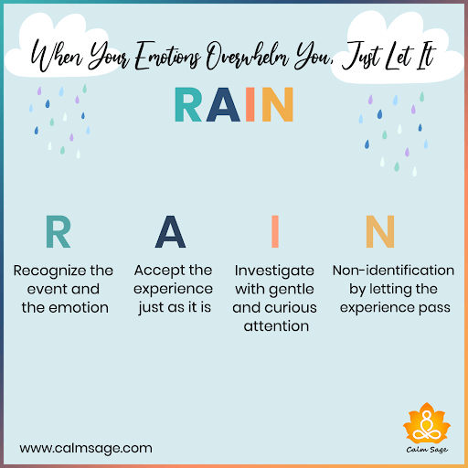 An infographic from calm sage that shows an acronym for managing social anxiety, called RAIN. The R stands for recognizing, the A stands for accepting, the I stands for investigating, the N stands for non-identification.