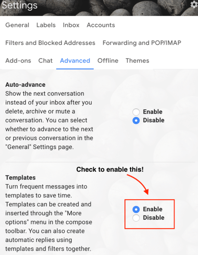 Option to enable email templates in Gmail