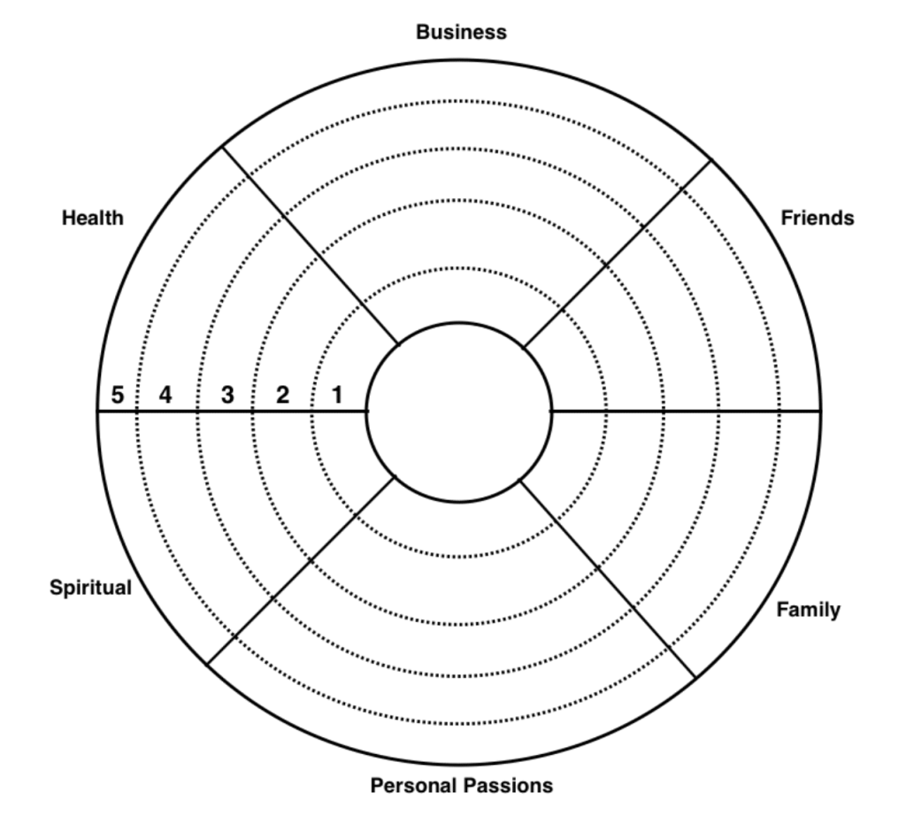 A goal wheel composed of business, friends, family, personal passions, spiritual, and health goals