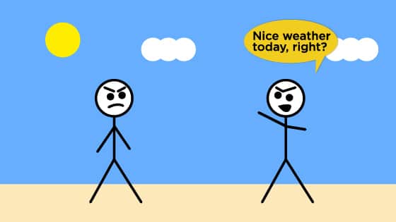A stick figure asks about the weather in this boring conversation example