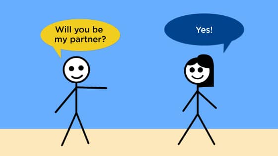 One stick figure asks, "Will you be my partner?" The other one replies, "Yes!"