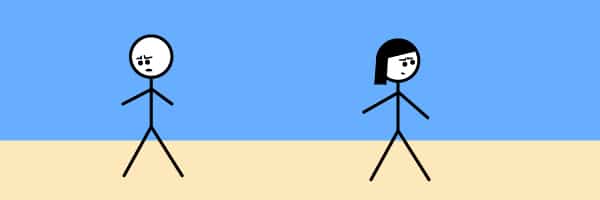 Two stick figures face away from each other, upset that their relationship has grown apart.