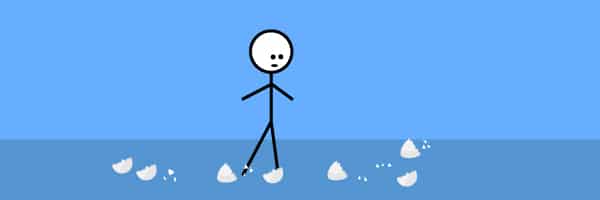 A stick figure walking on broken eggshells