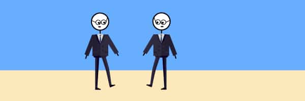 Two stick figures in business suits are looking at each other