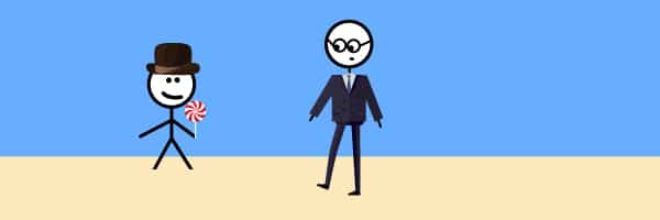 A young stick figure with a hat and lollipop is smiling at an older stick figure in a business suit and glasses.