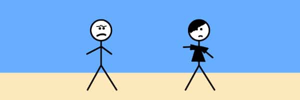 A stick figure frowns while looking at his stick figure friend, who is now dressed in black and has fashionable hair.
