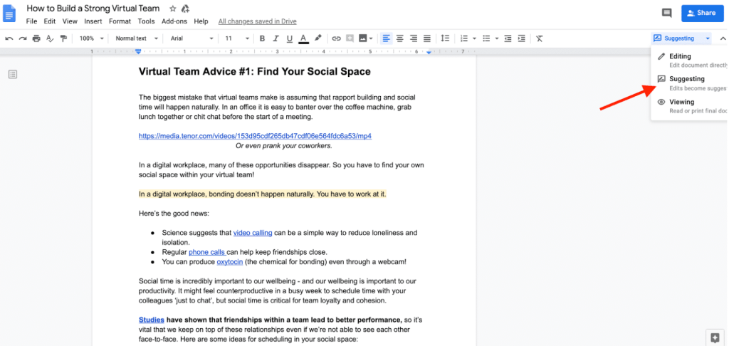 Google Docs Suggesting mode