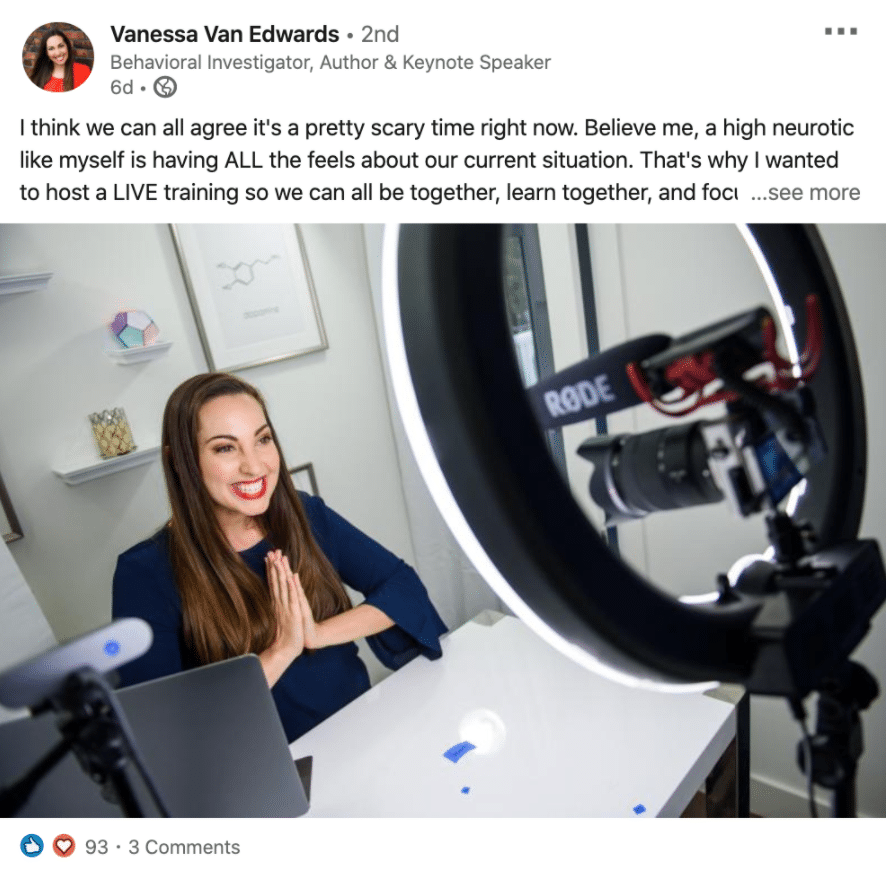 Vanessa shows her face on this LinkedIn post