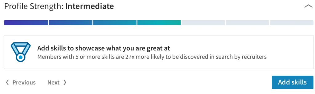 LinkedIn's profile strength indicator showing an Intermediate profile strength