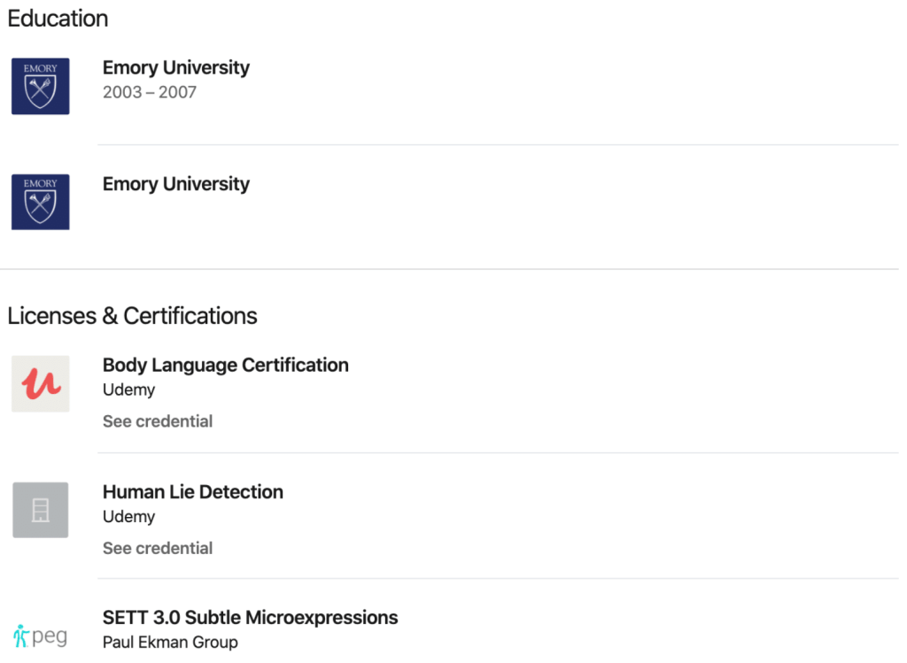 Vanessa's complete LinkedIn profile showing education and licenses & certifications