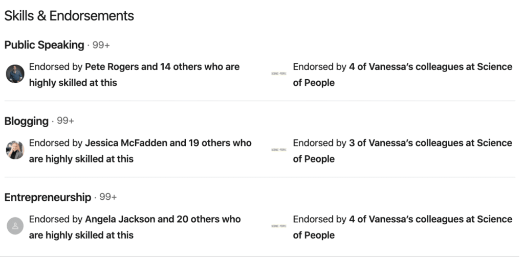 Vanessa's complete LinkedIn profile showing Skills & Endorsements