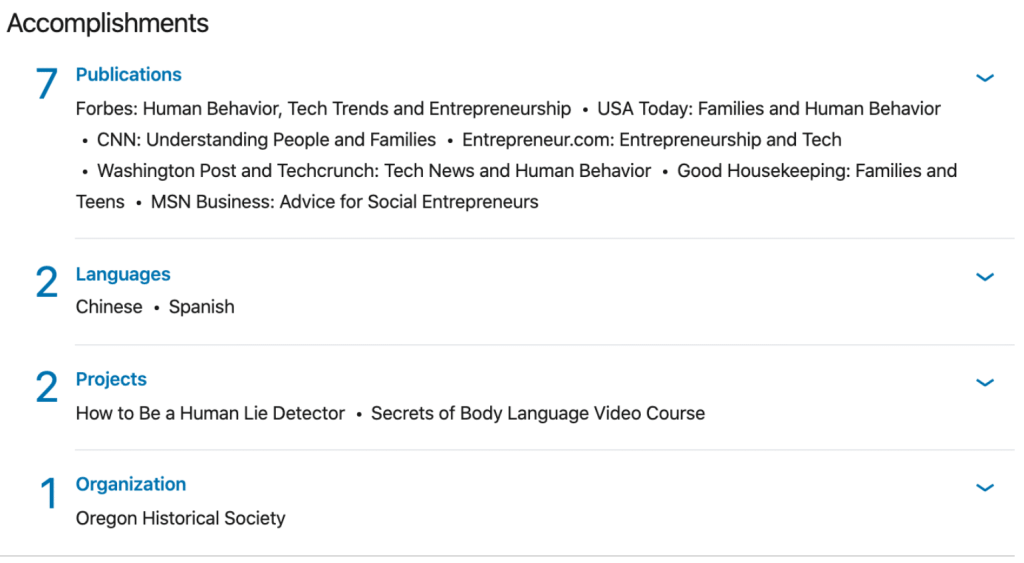 Vanessa's complete LinkedIn profile showing Accomplishments