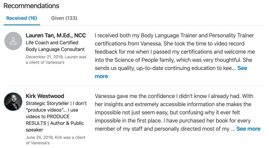 Vanessa's complete LinkedIn profile showing recommendations