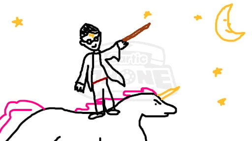 A screenshot of an image from an online game called Gartic Phone, where someone drew Harry Potter riding a unicorn in space. It gives you a short time frame to sketch photos based on other players’ prompts—and can result in some hilarious artwork and a fun meeting icebreaker.