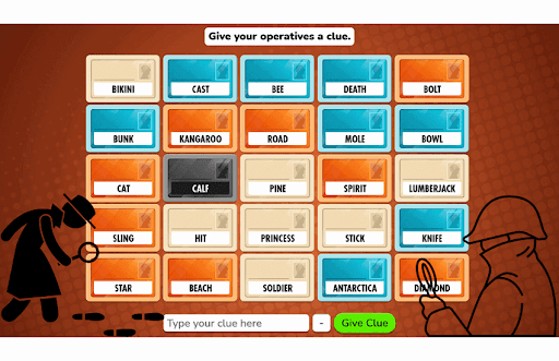 A screenshot of an online game, Codenames. In this word game, each Spymaster tries to get the other team to guess a combination of words on the table by giving a one-word clue. It makes for a fun meeting icebreaker.