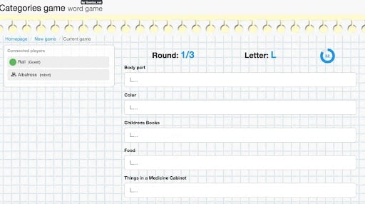 A screenshot of an online game called Scattegories. In every round, the game highlights a random letter from the alphabet, asking players to think on their feet and come up with any word or phrase from the chosen category starting with that letter. This makes for a fun meeting icebreaker.
