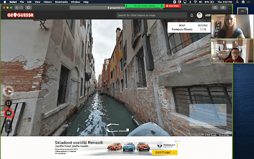An screenshot of an online game called GeoGuessr where someone is exploring a canal in some part of the world. GeoGuessr is a captivating global exploration game that virtually parachutes you into a random corner of the world, using a street view panorama. Your objective is to scour the surroundings for clues that might help pinpoint your exact location on the world map.
