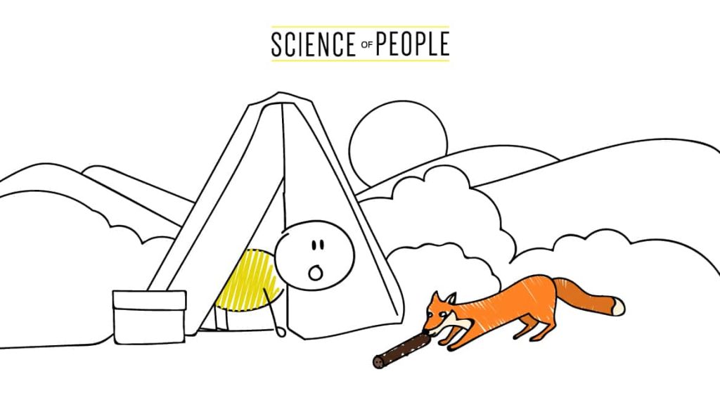 A stick figure in his tent looks at a fox and sees it stealing a stick.