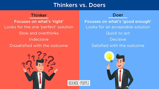 An image by Science of People showing the difference between thinkers and doers. This relates to the article on anxiety tips.
