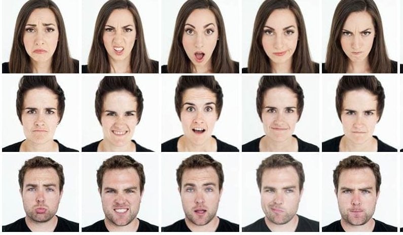 A facial expressions chart detailing the 7 universal expressions