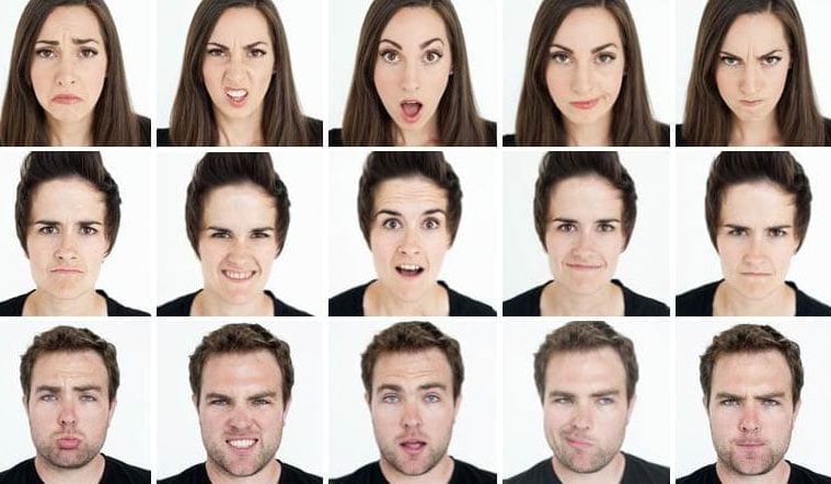 A facial expressions chart detailing the 7 universal expressions