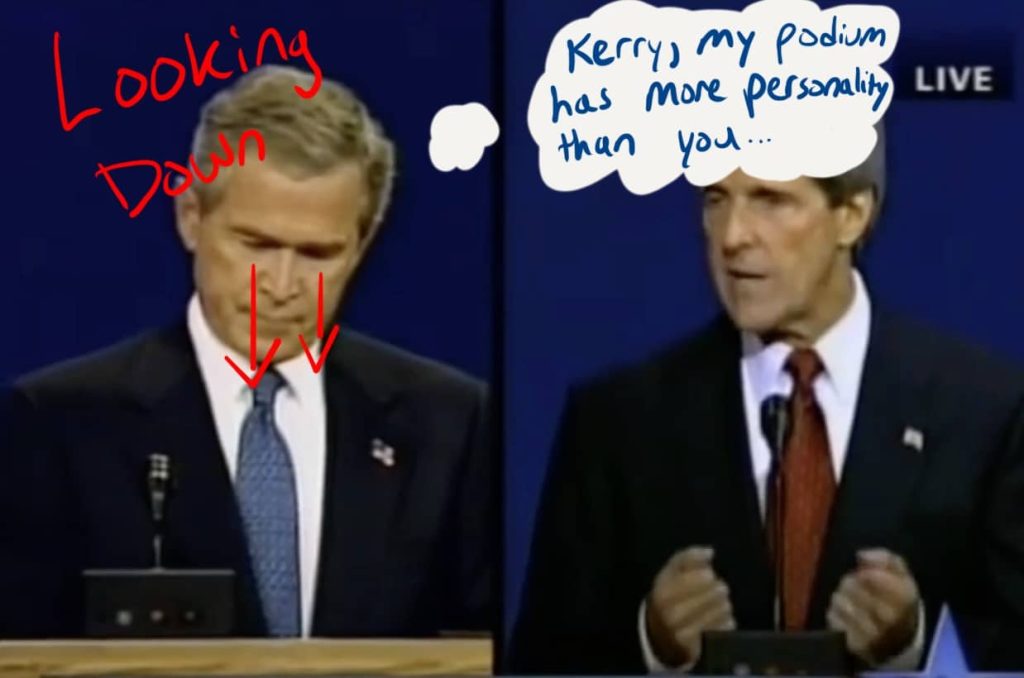 Bush looks down while Kerry is speaking.