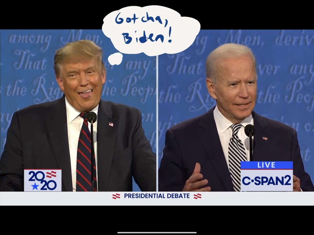 Trump sticks out his tongue as if saying, "Gotcha!"